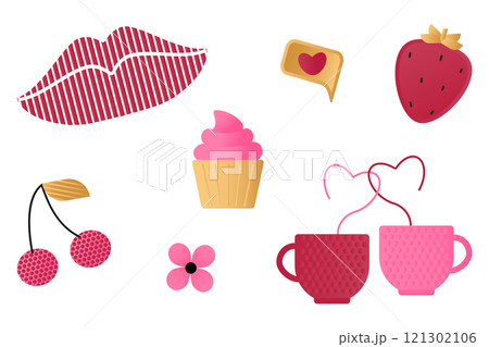Set of elements with romantic symbols - lips, cupcake, flower, cherry, strawberry, SMS, cups with hearts. Illustrations on the theme of Valentine's Day, birthday. Vector illustration. Set of elements with romantic symbols - lips, cupcake, flower, cherry, strawberry, SMS, cups with hearts. Illustrations on the theme of Valentine's Day, birthday. Vector illustration. 121302106