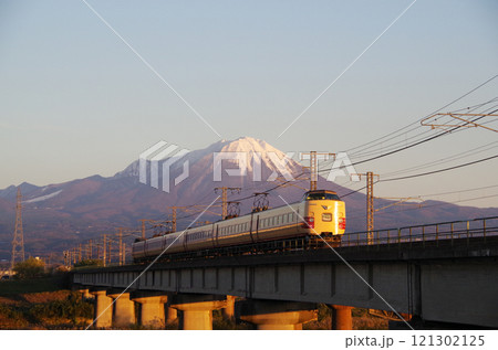 381系特急やくも（国鉄色）紅大山をバックに日野川を駆け抜ける：連続カット07/32 121302125