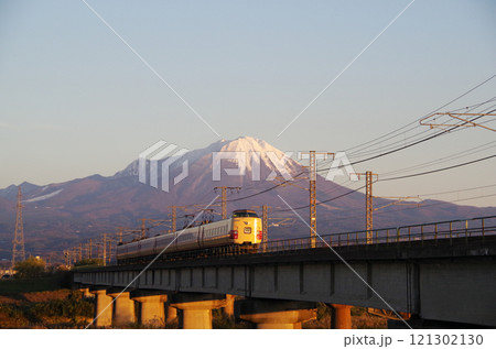 381系特急やくも(国鉄色)紅大山をバックに日野川を駆け抜ける:連続カット12/32 381系特急やくも(国鉄色)紅大山をバックに日野川を駆け抜ける:連続カット12/32 121302130
