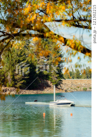 Autumn scene featuring docked boat and dog enjoying on pier in serene lake 121302215