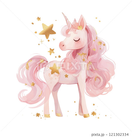 A unicorn with gold stars on its head and pink hair. The unicorn is standing in front of a white background 121302334