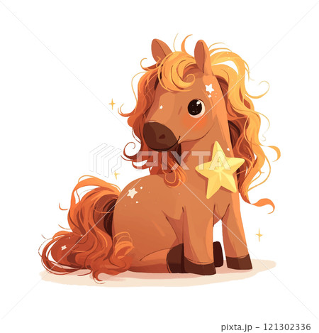 A cartoon horse with a star on its head sits on a white background. The horse has a cute and playful expression, and the star adds a touch of whimsy to the scene 121302336