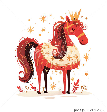 A horse with a crown on its head and a red and white outfit. The horse is standing in a field with stars in the background 121302337