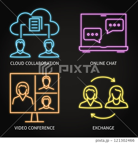 Remote teamwork neon icon set 121302466