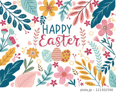 Happy Easter holiday greeting card with Easter eggs, flowers Happy Easter holiday greeting card with Easter eggs, flowers 121302580