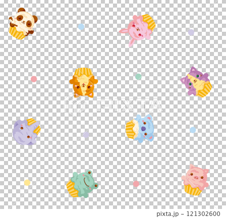 可愛い動物のカップケーキとドットのエンドレスパターン（透明背景） 121302600