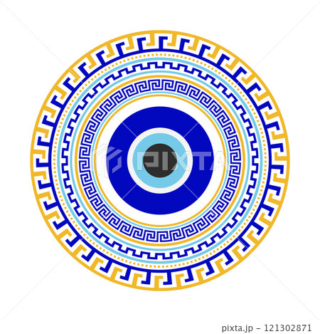 Evil eye vector amulet with Greek pattern. Turkish blue nazar with Mediterranean meander frame. Circle bead for protection luck and energy. Traditional Islamic magic charm 121302871
