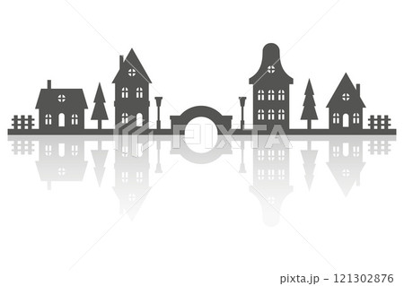 Silhouette of neighborhood houses. Small homes and buildings on skyline. Christmas town and village on white background with reflection. Row of cottages on the street with fir trees 121302876