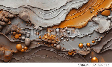 close up of abstract brown and orange metallic texture with smooth layers and spheres 121302877