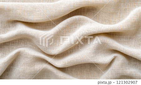 Soft and natural woven linen fabric texture with gentle waves and folds 121302907