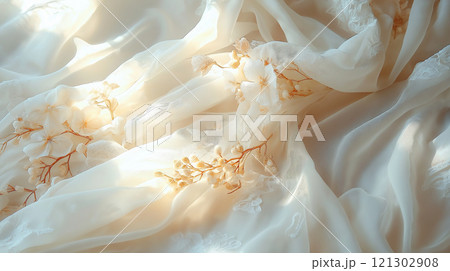 Delicate lace fabric with soft flowers creates serene and elegant atmosphere 121302908