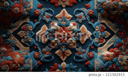 Intricate floral tapestry design with rich colors and textures 121302915