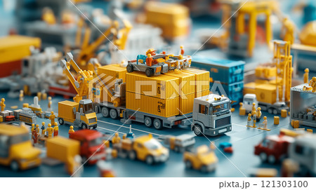 vibrant scene of miniature construction vehicles and containers, showcasing busy worksite 121303100