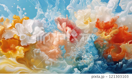 Vibrant floral abstract art with swirling colors and textures 121303103