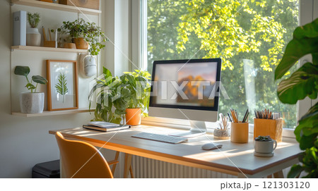 bright and inviting workspace featuring computer, plants, and natural light 121303120