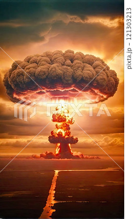 Terrible explosion of a nuclear bomb with a mushroom with road at night. Hydrogen bomb test. Nuclear catastrophe. Way to nuclear war 121303213