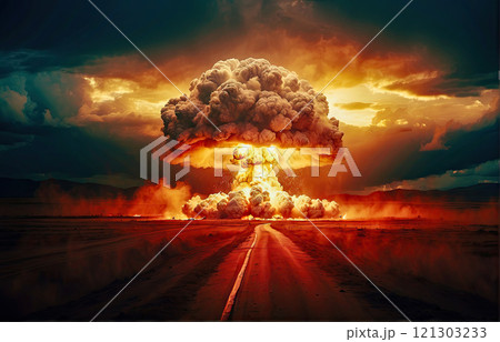 Terrible explosion of a nuclear bomb with a mushroom with road at night. Hydrogen bomb test. Nuclear catastrophe. Way to nuclear war 121303233