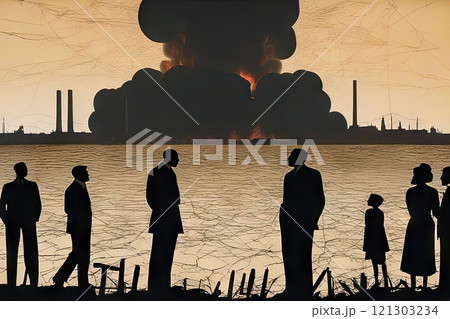 People stand and watch the nuclear detonation of a mushroom-shaped atomic bomb 121303234