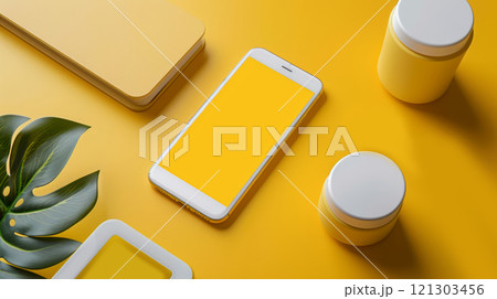 A vibrant workspace featuring a smartphone, jars of beauty products, and stationery in shades A vibrant workspace featuring a smartphone, jars of beauty products, and stationery in shades 121303456