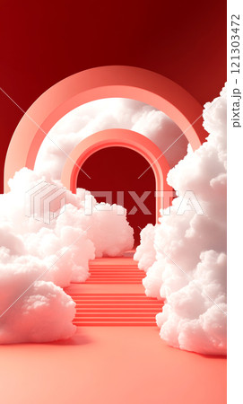 Abstract composition showcases three distinct arches against a vibrant red backdrop 121303472