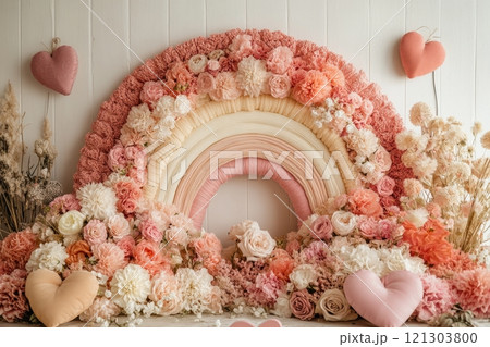 Floral rainbow arrangement event space decorative art soft colors close-up view celebration concept 121303800