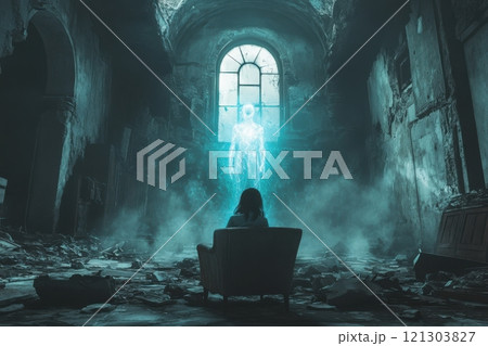 Mystical encounter with a ghostly figure in an abandoned building surreal atmosphere captivating moment Mystical encounter with a ghostly figure in an abandoned building surreal atmosphere captivating moment 121303827