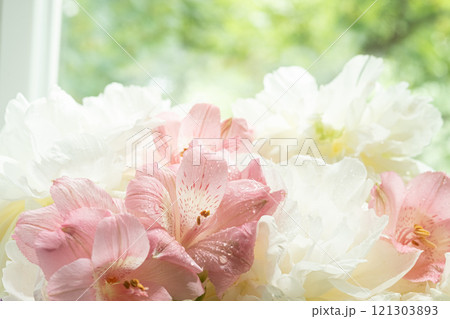 Soft Pink and White Flowers peonies and alstroemeria in Sunlit Window Soft Pink and White Flowers peonies and alstroemeria in Sunlit Window 121303893