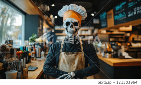 Skeleton chef prepares whimsical dishes in urban kitchen unique food photography capturing humorous culinary skills Skeleton chef prepares whimsical dishes in urban kitchen unique food photography capturing humorous culinary skills 121303964
