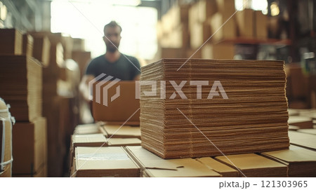 Warehouse worker organizing cardboard boxes industrial facility photography busy environment close-up shot logistics efficiency Warehouse worker organizing cardboard boxes industrial facility photography busy environment close-up shot logistics efficiency 121303965