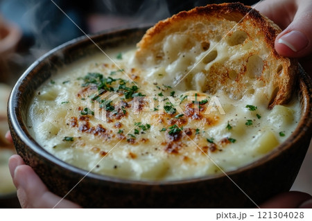 Delicious homemade cheese soup with crispy bread cozy kitchen food photography warm atmosphere close-up comfort food 121304028
