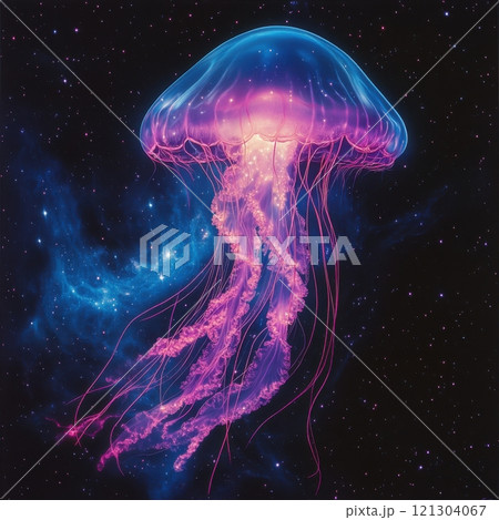Stunning jellyfish display in cosmic space underwater scene digital art ethereal environment vibrant colors 121304067