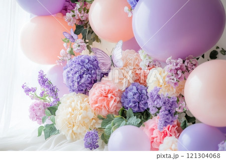 Springtime celebration flower and balloon arrangement indoor studio floral art bright and colorful aesthetic delight 121304068