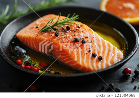 Culinary delight fresh salmon fillet kitchen food photography natural light close-up healthy eating concept 121304069