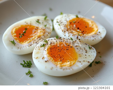 Delicious soft-boiled eggs with seasoning kitchen table food photography bright lighting close-up culinary delight Delicious soft-boiled eggs with seasoning kitchen table food photography bright lighting close-up culinary delight 121304101