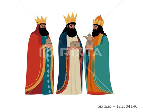 Christmas greeting card, invitation. Biblical Three kings Caspar, Melchior, Balthazar bringing gifts isolated on background. Dia de Reyes holiday. Happy epiphany. Vector illustration. Christianity 121304140