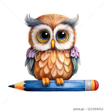 鉛筆の上に乗っている可愛いフクロウのぬいぐるみの水彩画 鉛筆の上に乗っている可愛いフクロウのぬいぐるみの水彩画 121304412