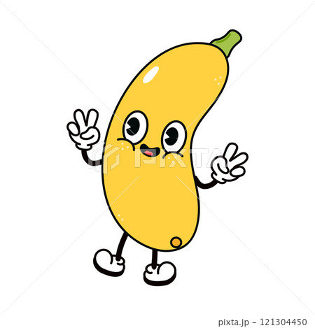 Jumping Yellow vegetable marrow character. Vector hand drawn traditional cartoon vintage, retro, kawaii character illustration icon. Isolated white background. Yellow vegetable marrow character 121304450