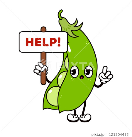 Cute Peas with an inscription help character. Vector hand drawn traditional cartoon vintage, retro, kawaii character illustration. Isolated white background. Peas character Cute Peas with an inscription help character. Vector hand drawn traditional cartoon vintage, retro, kawaii character illustration. Isolated white background. Peas character 121304455