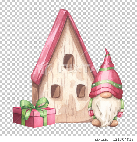 Gnome boy beard in red hat green suit. Christmas Tree, wooden house, gift box. Scandinavian character New Year. Hand draw watercolor illustration isolated background. Xmas greeting cards, invitation. Gnome boy beard in red hat green suit. Christmas Tree, wooden house, gift box. Scandinavian character New Year. Hand draw watercolor illustration isolated background. Xmas greeting cards, invitation. 121304815