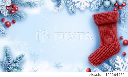 Red crocheted sock on a blue background with blue spruce branches, white snowflakes and red berrie, copy spaces Red crocheted sock on a blue background with blue spruce branches, white snowflakes and red berrie, copy spaces 121304922