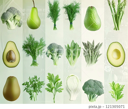 Products, ingredients containing vitamin K and dietary fiber, natural sources of minerals, healthy nutrition concept 121305071