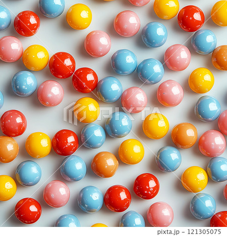 Three types of sweet colored hard fruit candies scattered on a white background 121305075