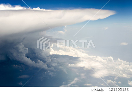 Blue sky and silky white clouds with stunning shapes and colorful views over the clouds 121305128