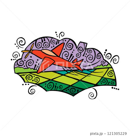 Crop duster airplane spraying a farm field illustration. 121305229