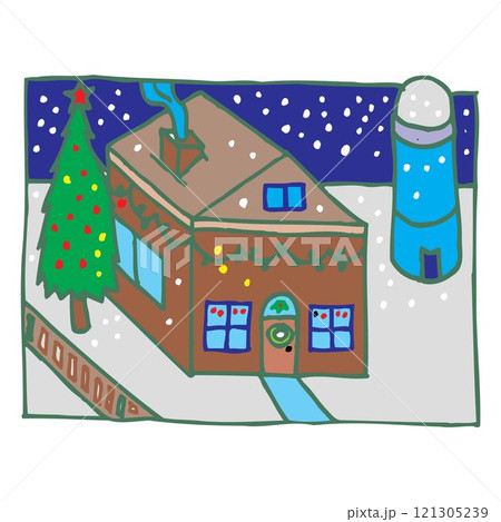 Christmas decorated red house. Santa Claus' house. Winter red cottage with a garland and a Christmas tree Christmas decorated red house. Santa Claus' house. Winter red cottage with a garland and a Christmas tree 121305239