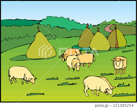isometric farm with mills barn and silo hay fence and street lamp isolated illustration 121305254