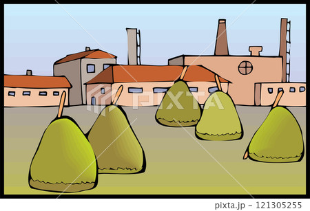 isometric farm with mills barn and silo hay fence and street lamp isolated illustration 121305255