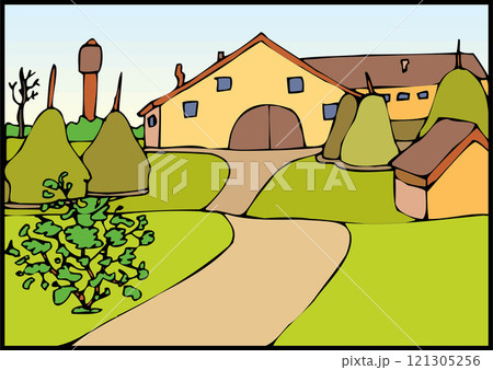 isometric farm with mills barn and silo hay fence and street lamp isolated illustration 121305256