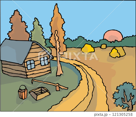 isometric farm with mills barn and silo hay fence and street lamp isolated illustration 121305258
