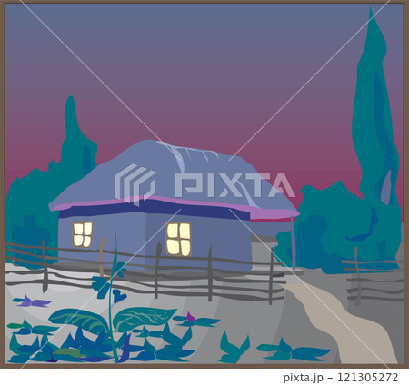 isometric Farm at Night with mills barn and silo hay fence and street lamp isolated illustration 121305272